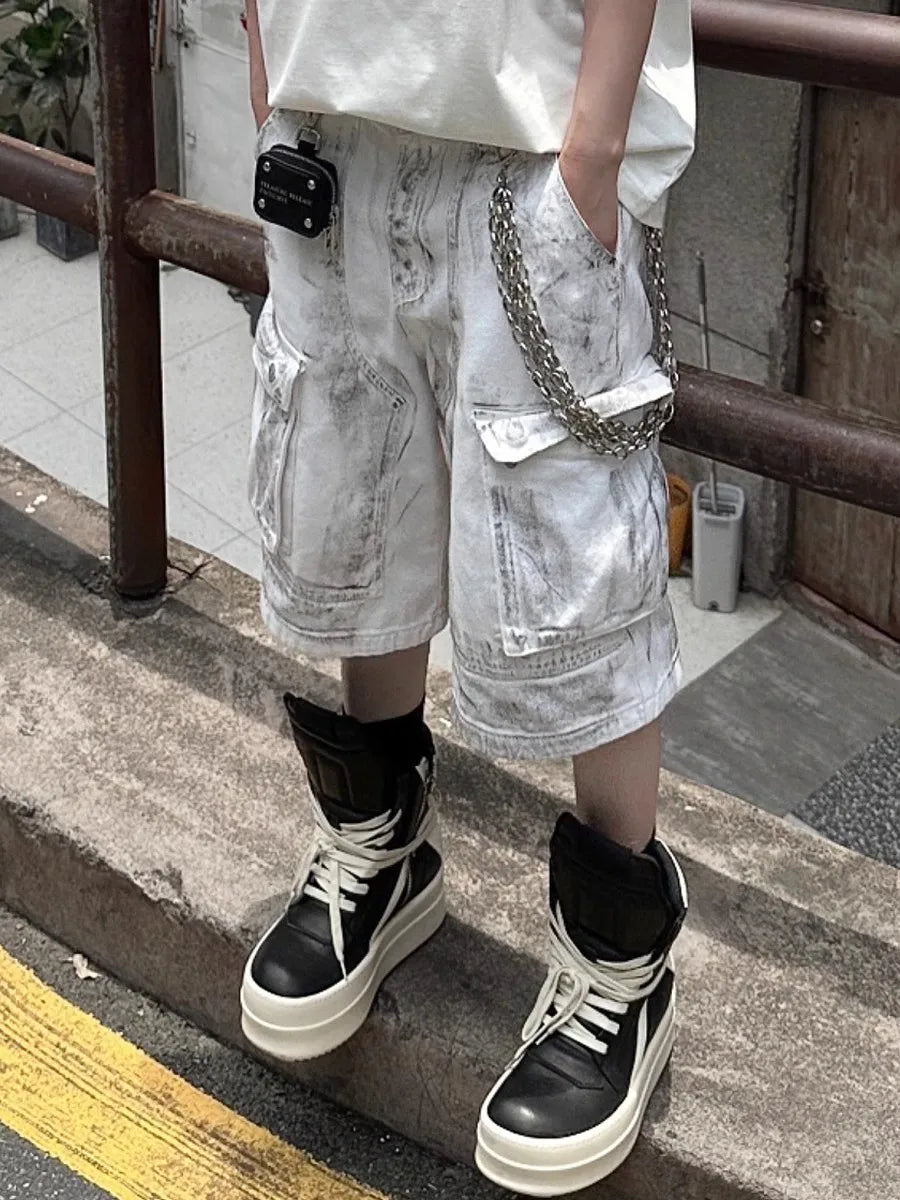 Summer Washed Distressed Workwear Shorts Men's Trendy Street Style Loose Wide Leg Big Pocket Seven-Foot Pants Casual Trousers