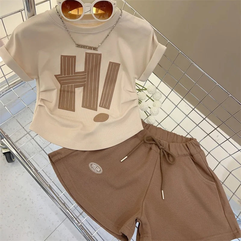 New Girls Summer Sets Children Casual Printed T-Shirt Suit Kids Short-Sleeve Top+Shorts Pcs Outfits Teenager Fashion Clothes