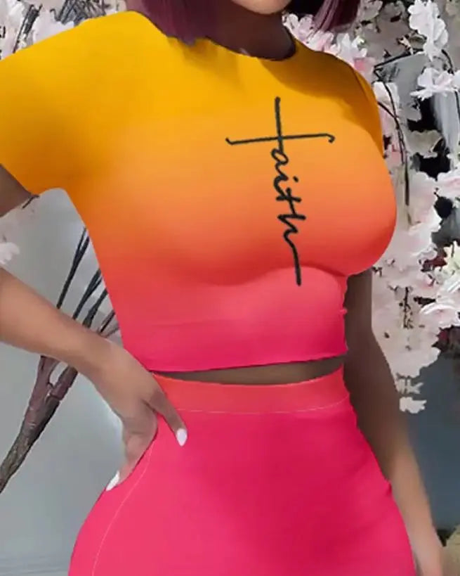 Color Print Slim Skirts Two Piece Set Women Fashion Bodycon Short T Shirt High Waist Package Hip Skirt 2 Piece Sets Streetwear