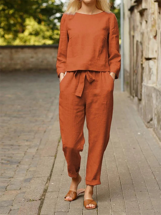 Casual Elegant Ladies 2 Piece Sets Fashion Spring Cotton Linen Women's Tracksuit Suit Long Sleeve Top Loose Pants Set Female