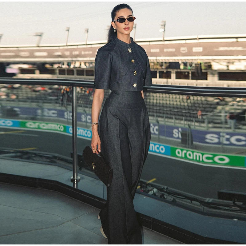 Women Denim Coat Pants Set Middle Sleeve Single Breasted Top Jackets High Waist Leg Loose Trouser Suit Lady Elegant Chic Sets