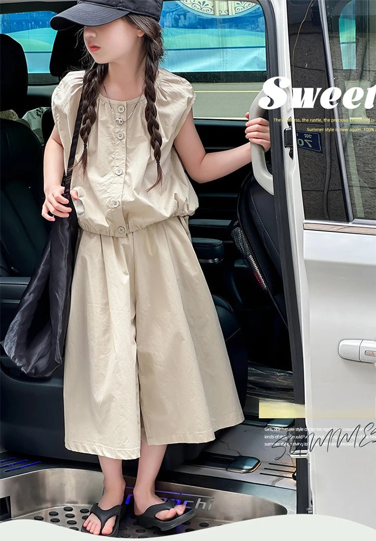 2025 Girls Summer Casual Outfit Big Kids Short Sleeve Top Capris Pants Two Piece Set Matching Big Kids Fashion Suit Holiday Wear