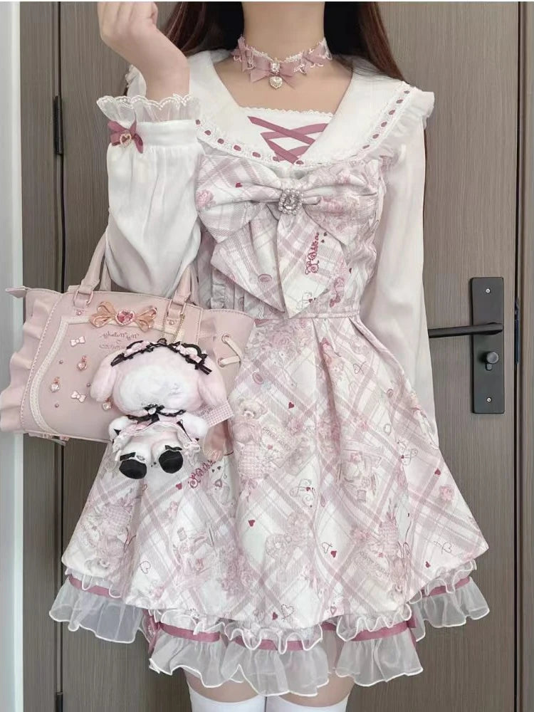 Japanese Sweet Cute Slim Dress Women Kawaii Chic Print Bow Thin Long Sleeve Dresses Female Design Pretty Lovely New Clothing