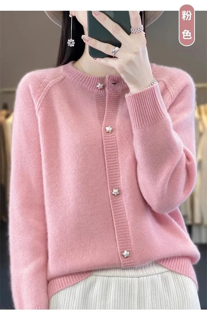 New Women Cardigan Sweater Autumn/Winter Round Neck Star Button Solid Knit Bottoming Shirt Jacket Quality Knitwear Female Tops