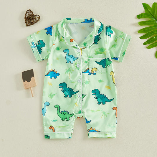 Baby Romper Pajamas Infant Girls Boys Dinosaur/Tree Print Turn Down Collar Short Sleeve Bodysuits Jumpsuits Sleepwear