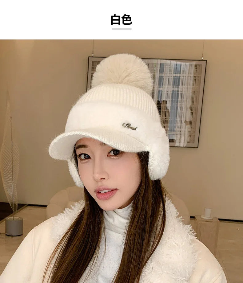 Winter Caps Patchwork Mink Fur Ear Protection Plush Hat Fashionable Solid Color Simple Wool Ball Knitted Hat For Women Cap BAZAARHUBO