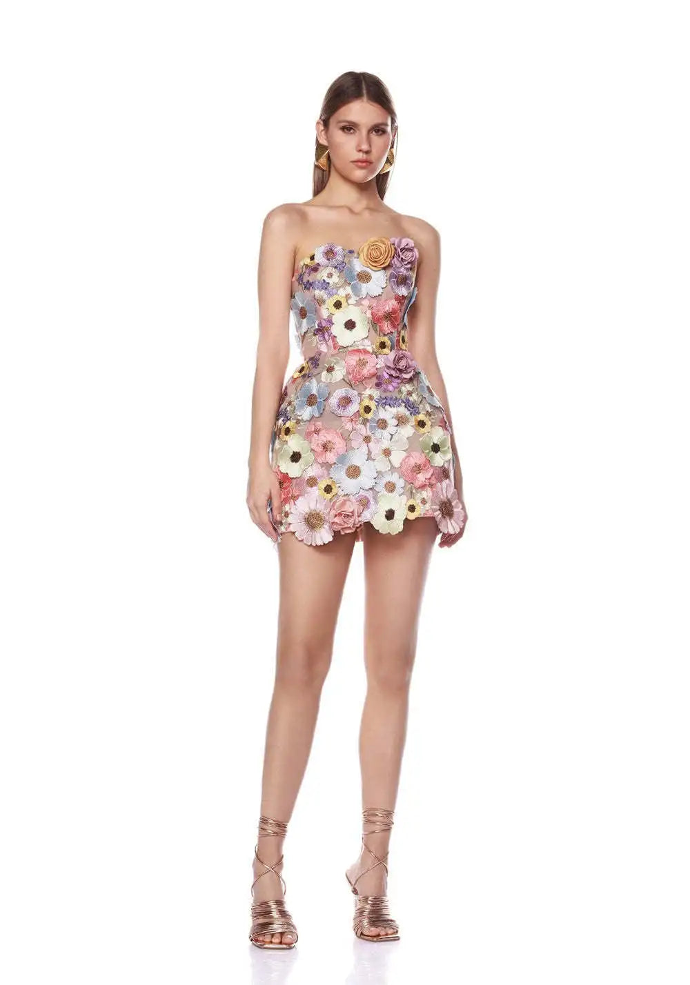 Women's 3D Floral Embroidery Backless Sleeveless Mini Dress Self Tie Evening Gown Elegant Short Dress for Party Cocktail Wedding