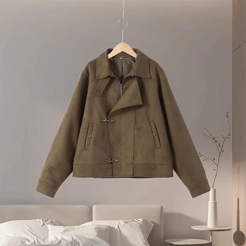 Elegant Metal Button Gender's Coat Fashion Slim Lapel Asymmetry Full Sleeves Couple Short Coat 2026 Spring Chic Streetwear