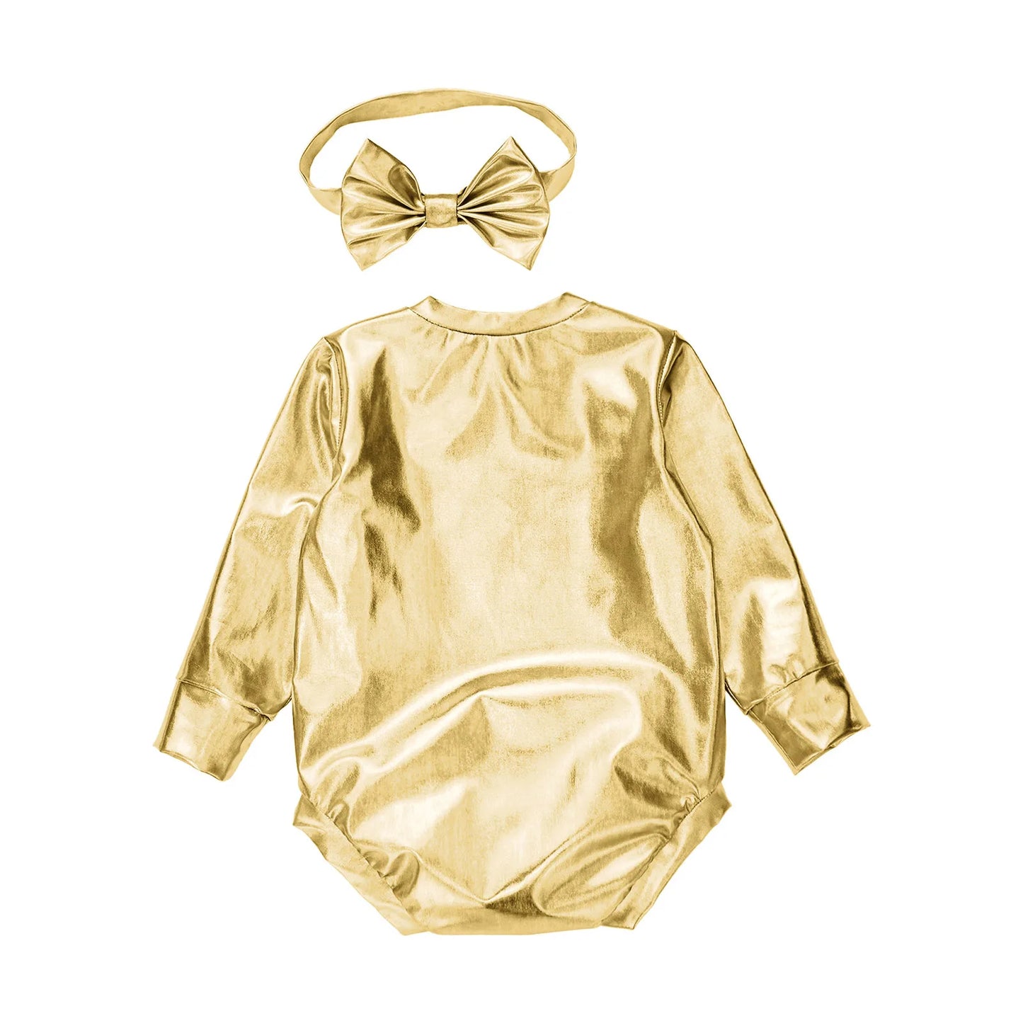 Baby Girls Long Sleeve Metallic Shiny Buttons Crotch Romper with Bow Headband Birthday Theme Party Photography Outfit Daily Wear