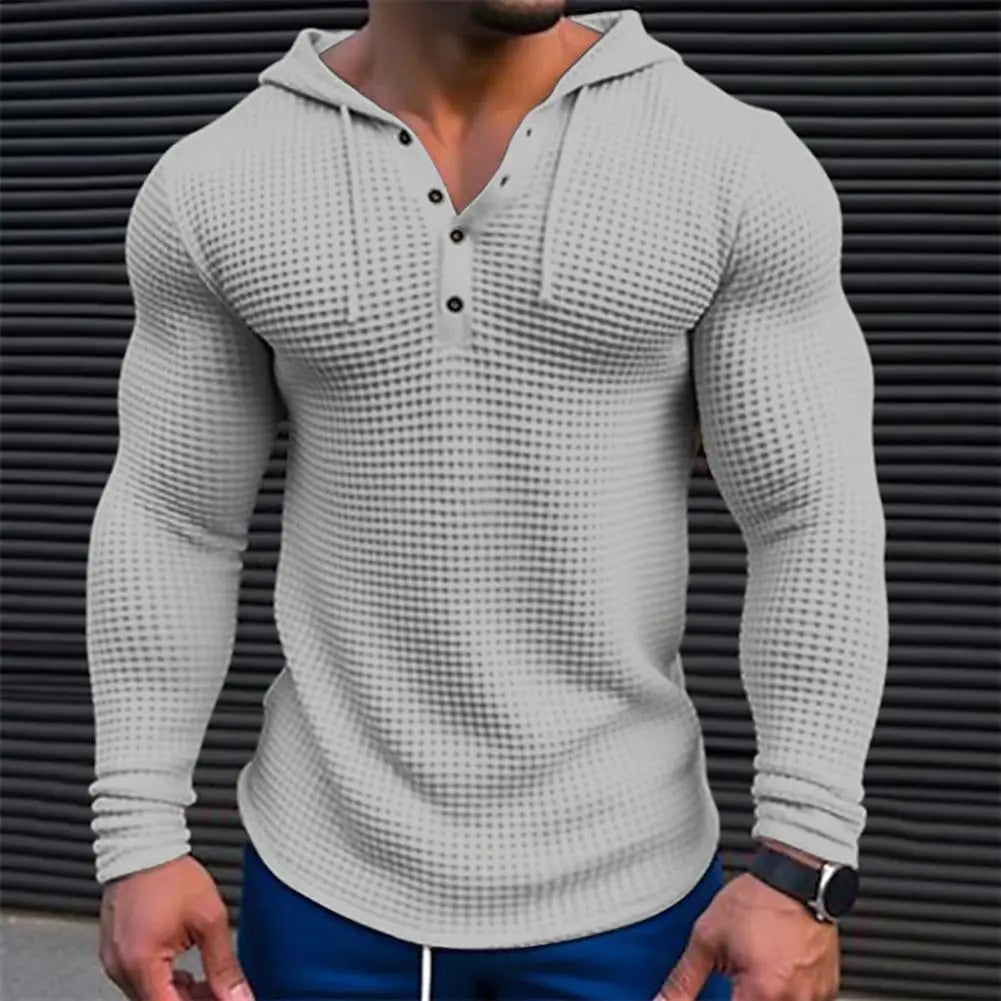 Spring Solid Color Slim Fit Long Sleeved T-shirt, Men's Hooded Breathable Sports Top, Waffle Cotton Casual Long Sleeved Shirt