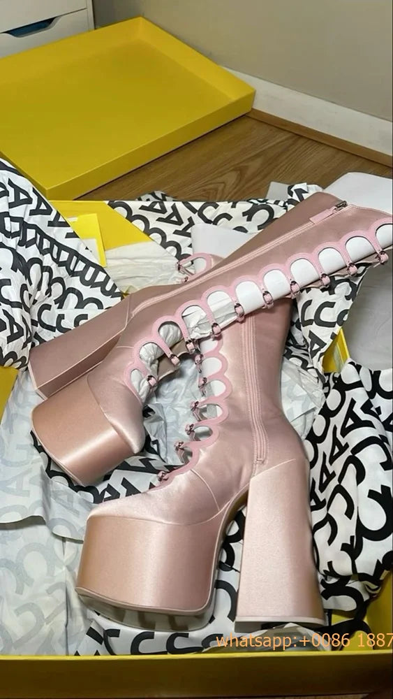 Patent Leather Belt Buckle Sexy Boots Platform Party Zip Summer Fashion Women Lolita Boot Hollow Street Punk Thick High Heels