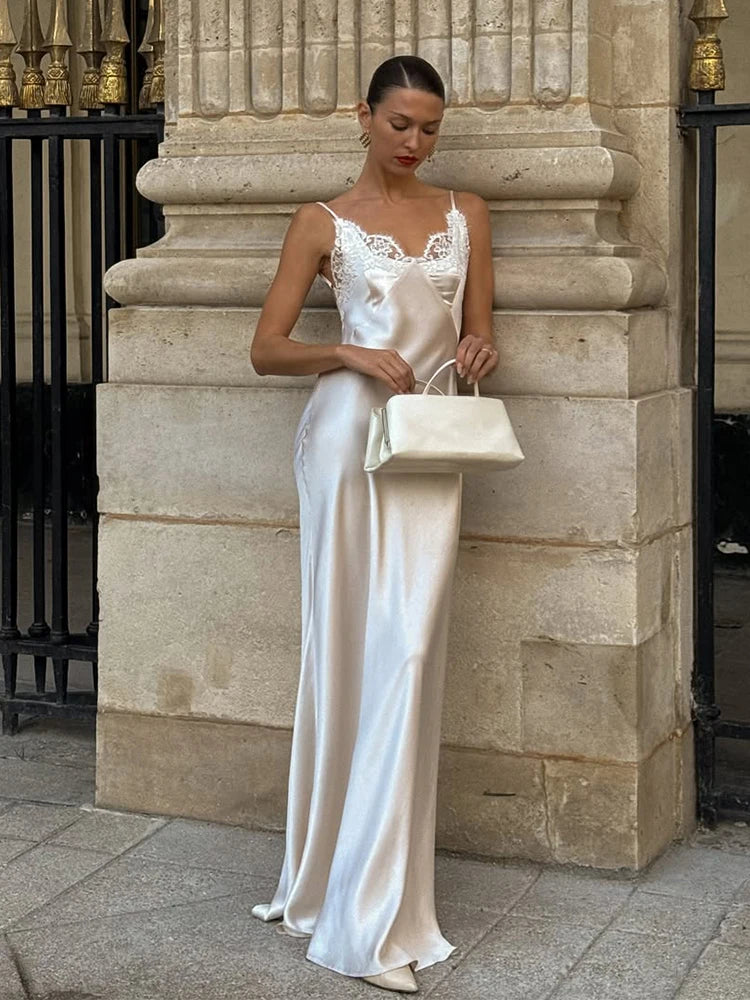 Women V-neck Satin Sling Maxi Dress Sexy White Lace Patchwork Sleeveless Backless Slim Gowns 2026 Evening Party Chic Dresses New