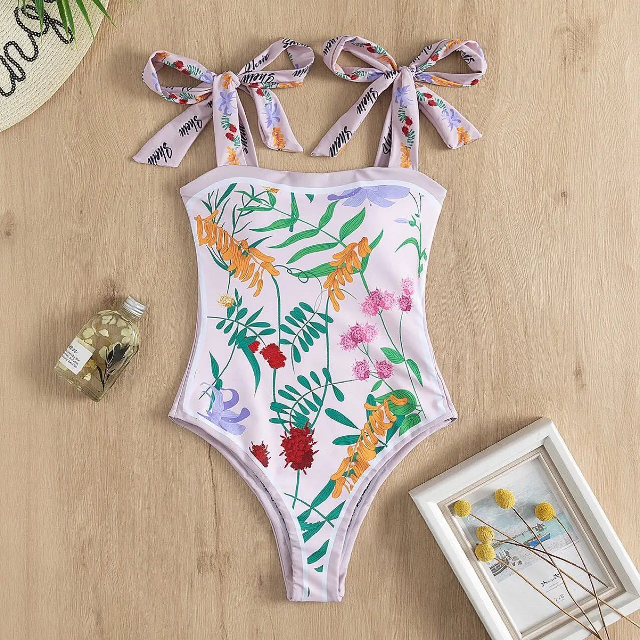 Y2K Floral One Piece Swimsuit Reversible Tie Shoulder Monokini Tummy Control