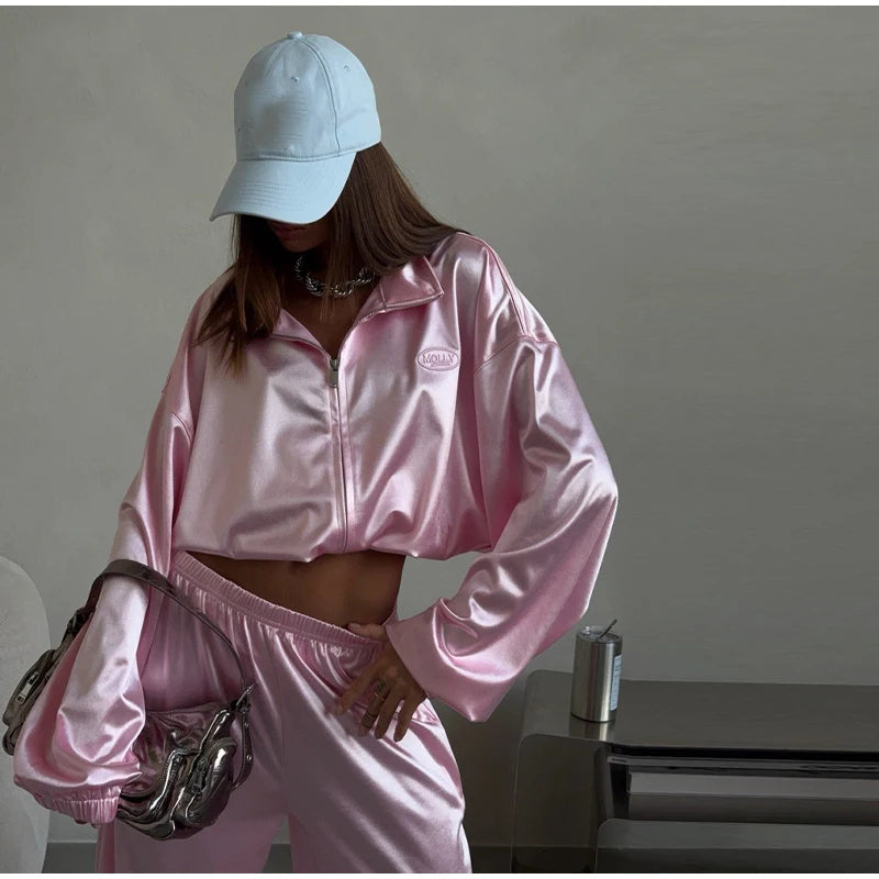 2026 Spring Satin Embroidered Zip-Up Jacket Wide Leg Pants Set Oversized Slouchy Women 2 Pcs Outfit Cool Lady Co-ord Streetwear