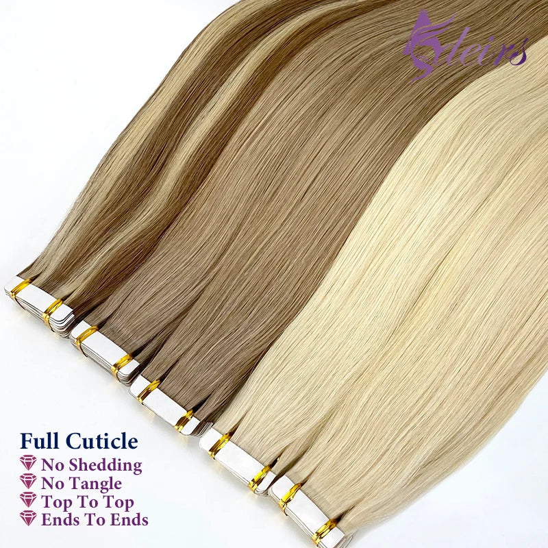 ADEIRS Straight Tape In Human Hair Extensions 100% Real Hair Extensions 16"-24" Black Brown Blonde #613 Invisible Tape In