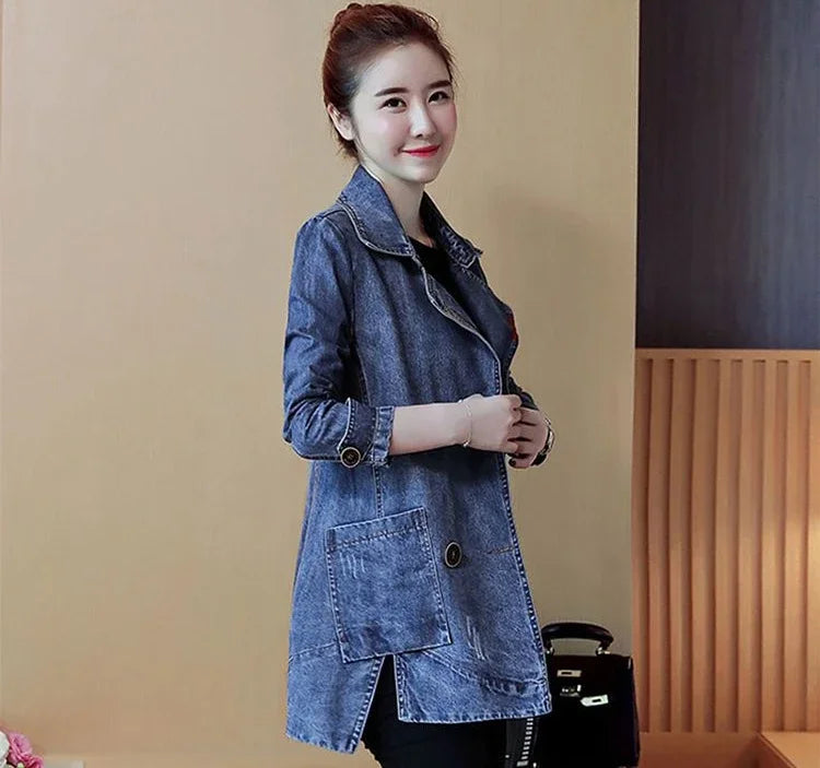 Plain Female Jeans Coats Korean Women's Denim Jackets Long Trench Designer in Promotion 2025 Trend Deals Chic and Elegant New
