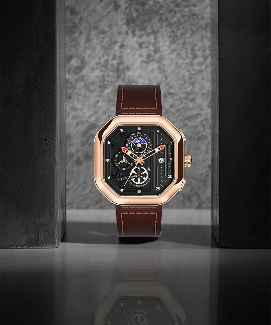 2025 LIGE Business Leather Watch For Men Top Brand Luxury Mens Watches Waterproof Quartz Wrsitwatch 24 Hours Moon Phase Clock