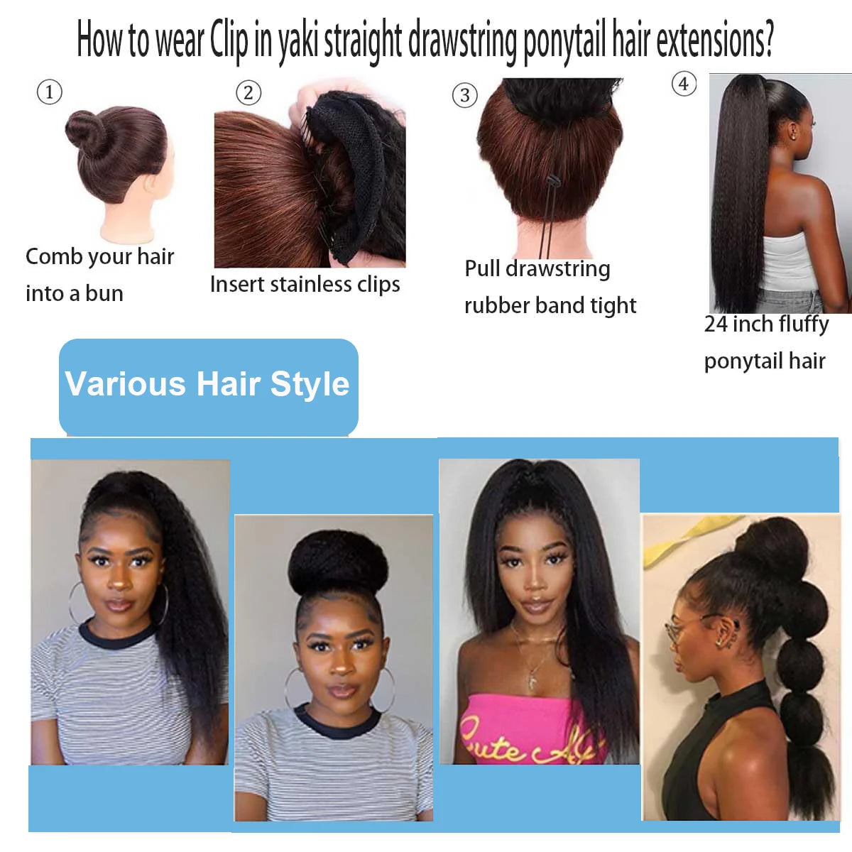 Drawstring Ponytail 100% Human Hair Kinky Straight Ponytail Remy Brazilian Hair Extensions Clip Ins Natural Color Ponytail