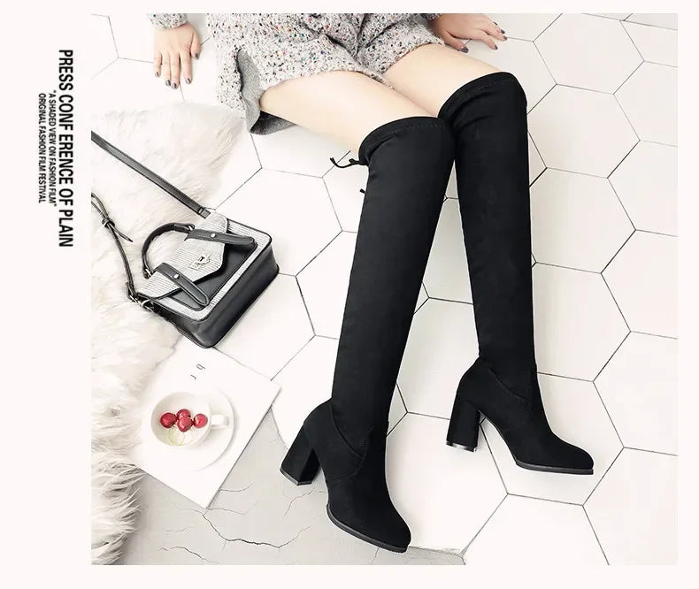 Stretch Long Faux Suede Boots Women Over-the-knee Boots Casual Black Sexy Nightclub Platform Shoes for Women Autumn Women Bottes