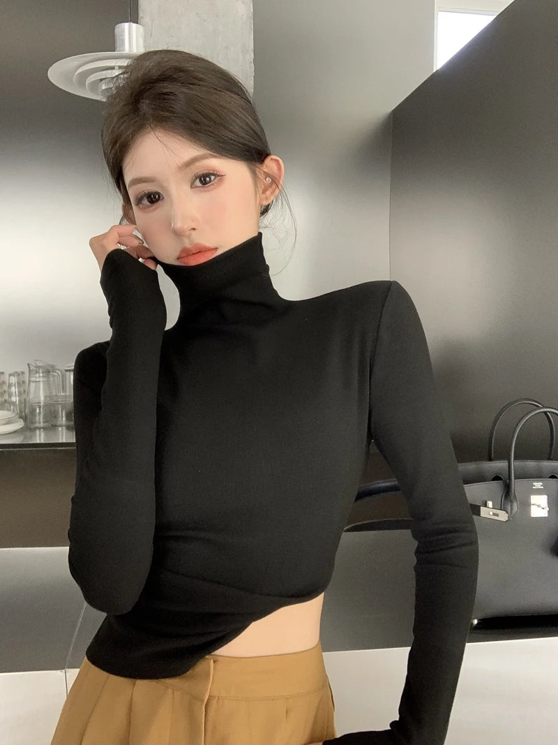 Warm Fce Lined High Collar Long Sve Base irt Women's Faionable Retro Versatile High Ne Base irt Trendy Commute ...