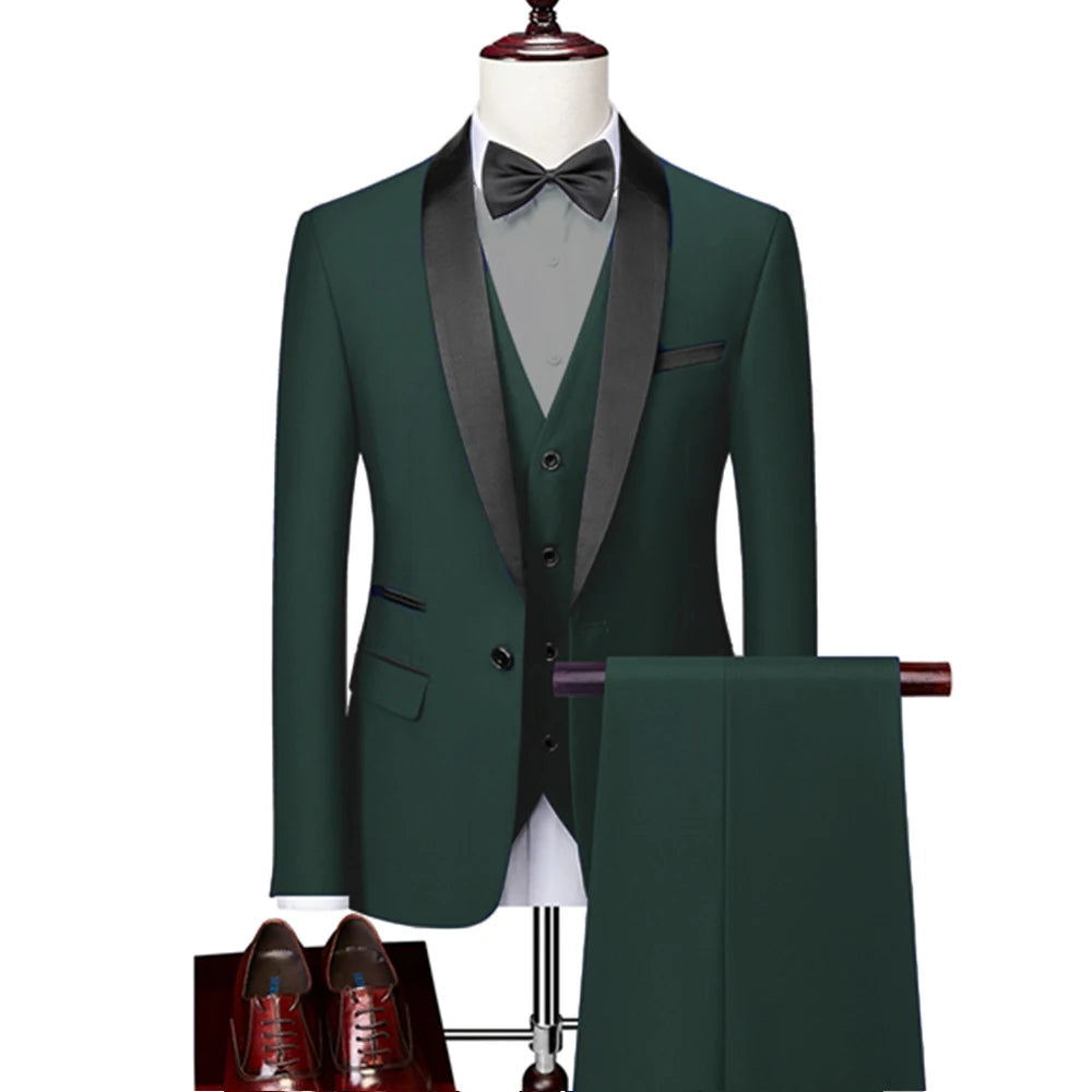 Men's Lapel Black Suit Set Coat Vest Trousers / Business Groomsmen Groom Wedding Dress Fprmal Blazer Pants