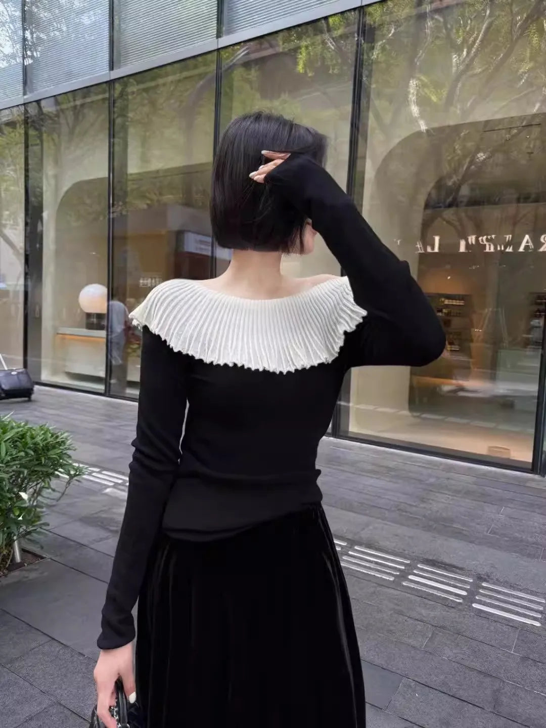 Women's Solid Color Slash Neck Ruffles Sweater Short Pullover Korean Fashion Chic Retro Style for Autumn Winter