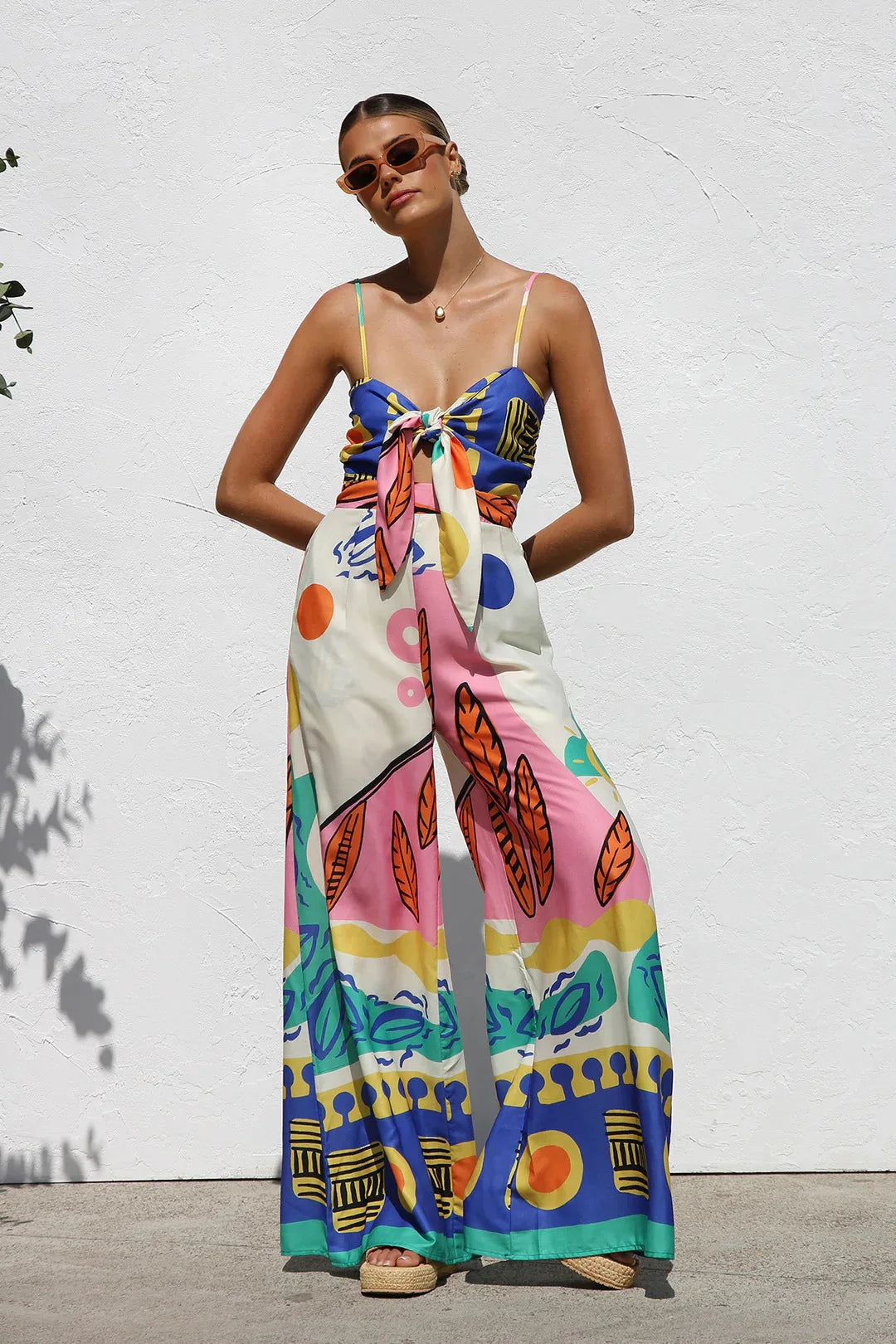 Beach Style Camisole Jumpsuit Waist Hugging Camisole Skirt Bow Tie Wide Leg Pants Vacation Jumpsuit Women's Rompers Dresses