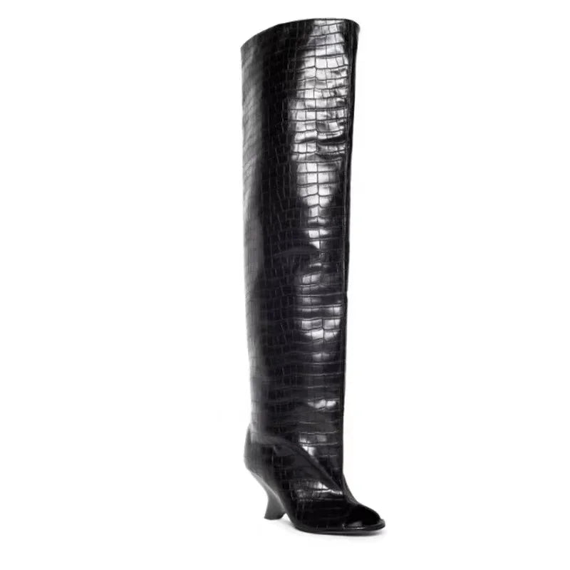2025 European AndAmerican Nichedesign Versatileopen Toe Long Tube Cool Boots for Women, Crocodile Patterned Irregular High Heels