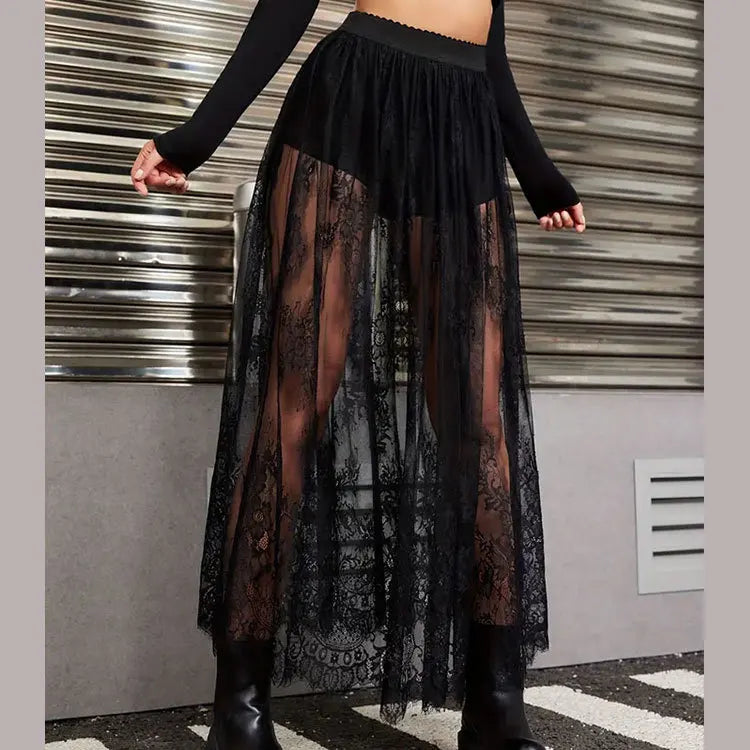 Sexy Solid Color See Through Lace Patchwork Skirt Women Fashion Trendy Chic Y2k Style Skirts Summer Streetwear Female Clothing