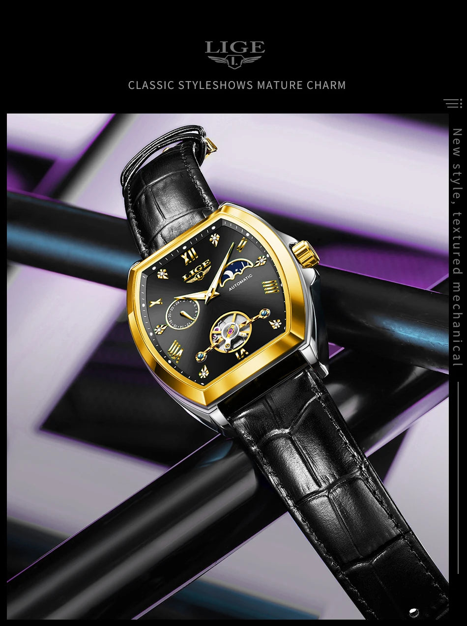 LIGE Luxury Mens Rectangular Dial Mechanical Watches Waterproof Leather Automatic Luminous Watch Business Men relogios masculino