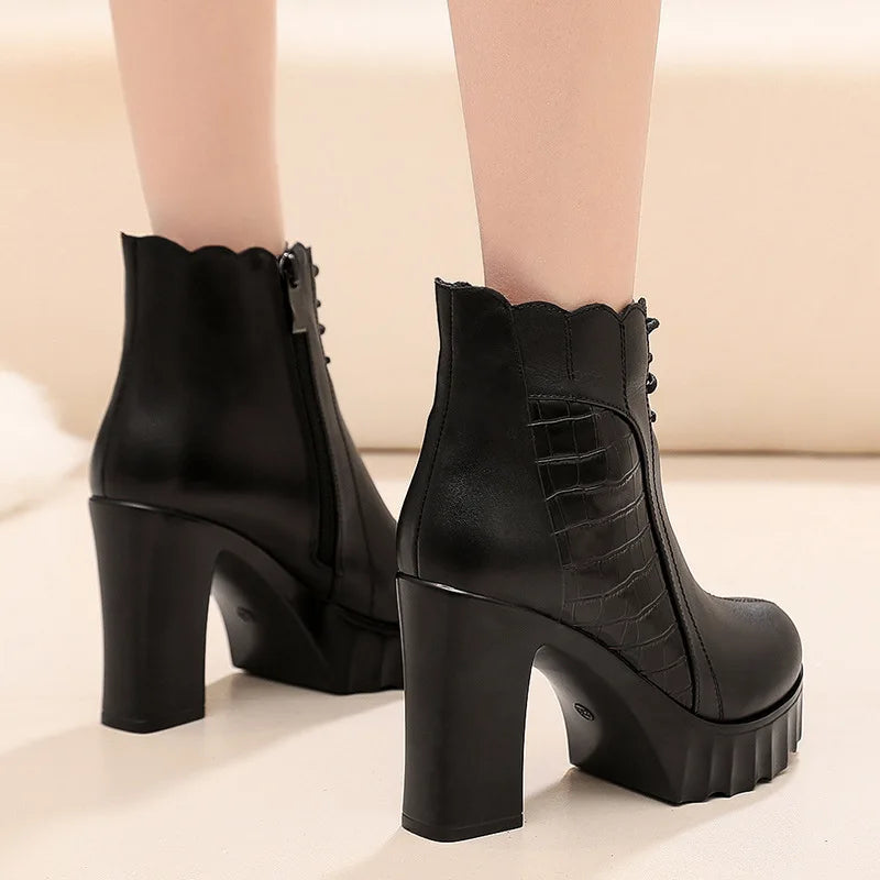10cm Small Size 32-43 Elegant Fashion Soft Leather Boots Women Platform Shoes 2025 Winter Block High Heels Ankle Boots Office