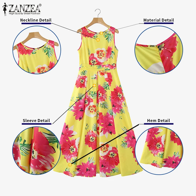 ZANZEA Women Floral Printed Bohemian Sundress 2026 Summer Tank Dress Fashion Sleeveless Waisted Robe Casual Party Maxi Dresses