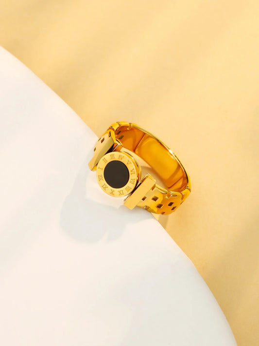 1 Piece New Trendy Stainless Steel Upscale Punk Jewelry Gold Color Hollow Round Roman Numerals Rings For Men Women Couple Gifts