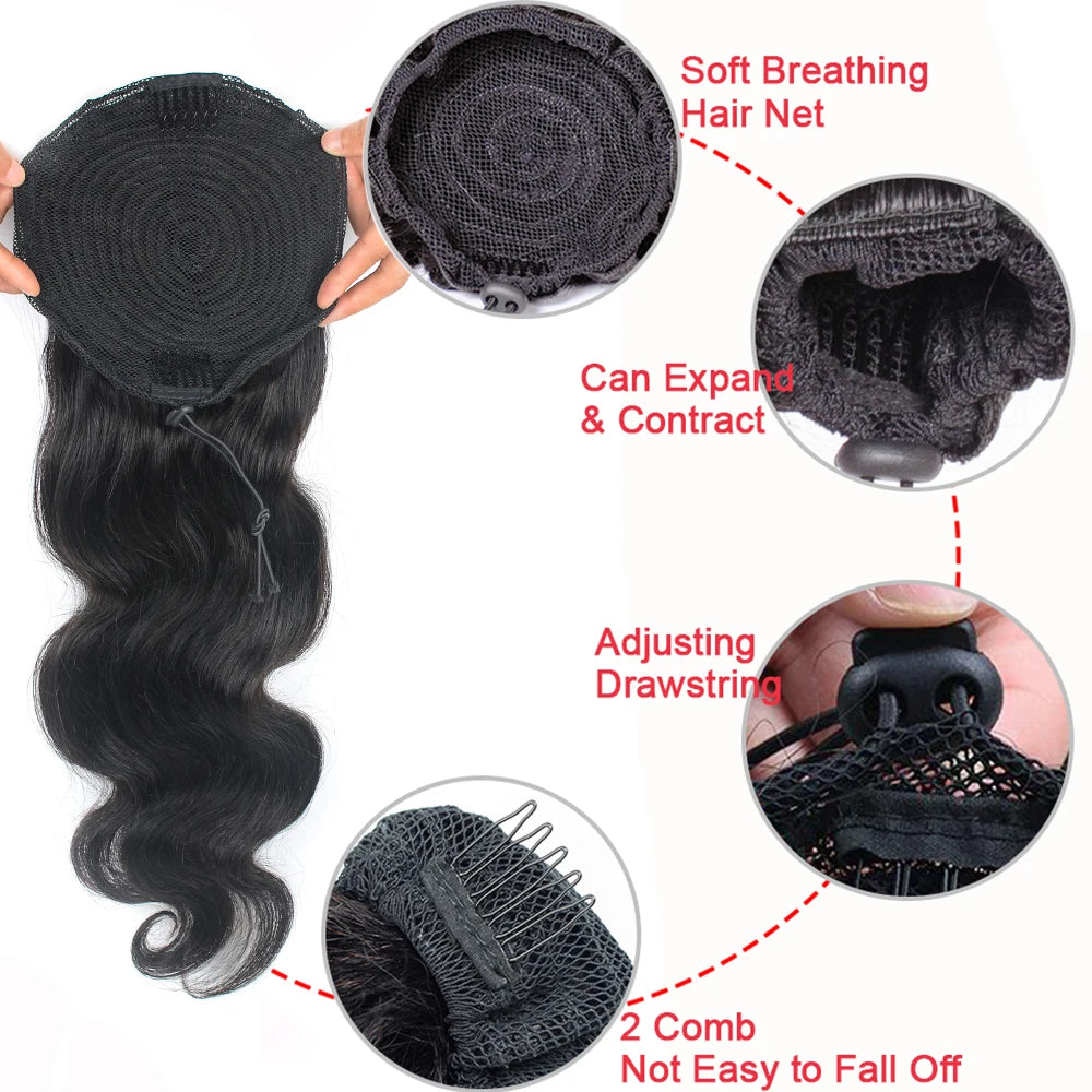 Body Wave Drawstring Ponytail Human Hair Extensions Brazilian Remy Hair Clip Ins For Women Aliballad Ponytail 150g 2 Combs
