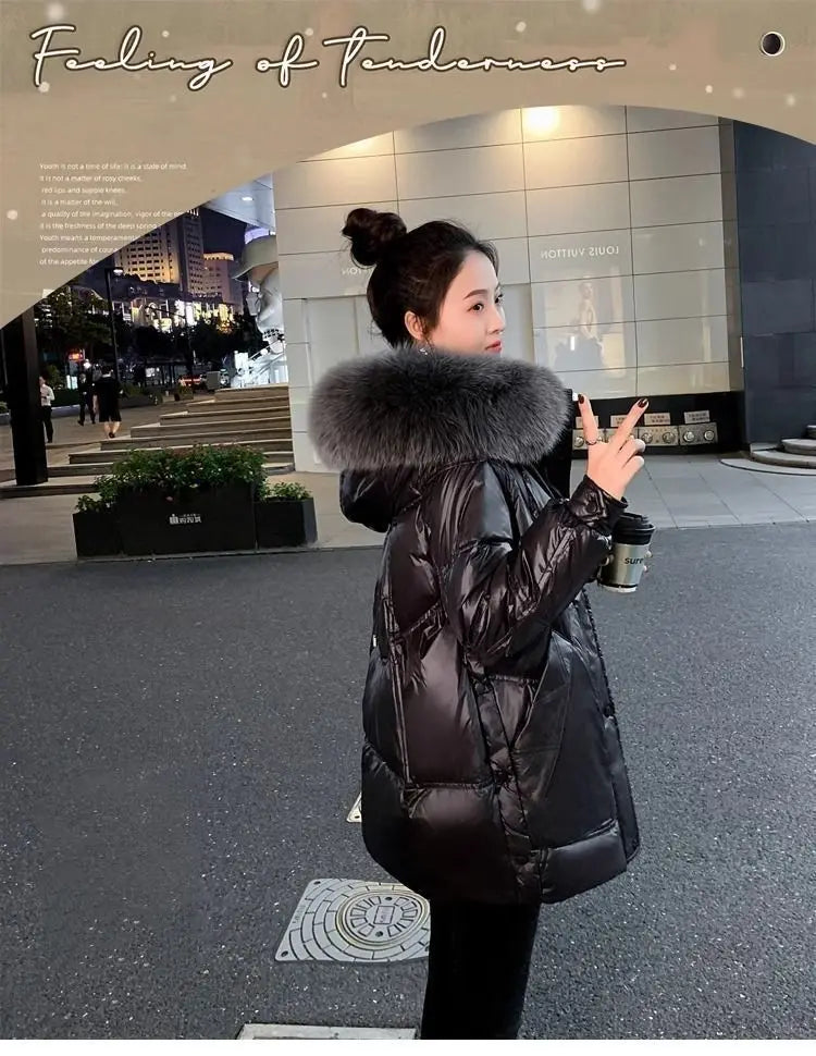Black Down cotton Jacket Women's 2025 New Korean version Thick fur collar Loose Wash free Winter Coat Female Warm Parka Overcoat