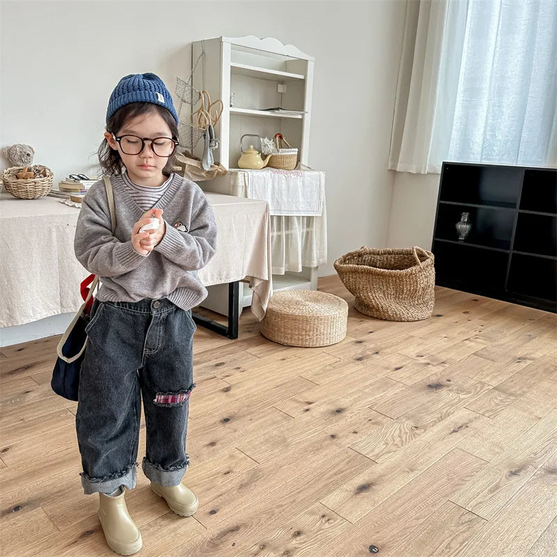 2023 Autumn Spring Baby Girls Boys Denim Pants Loose Fashion Korean Style Kids Casual Jeans Toddler Trouser Children's Clothes