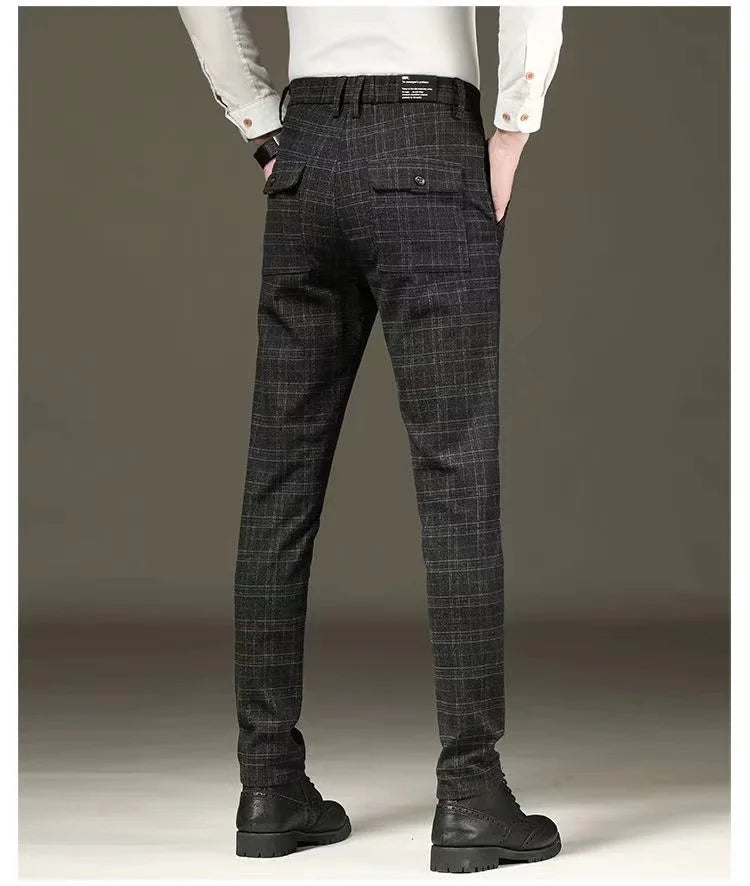Fashion Black Grey Casual Trouses Mens Straight Fit Long Pants Striped Plaid Four Seasons High Quality Brand Business Trousers