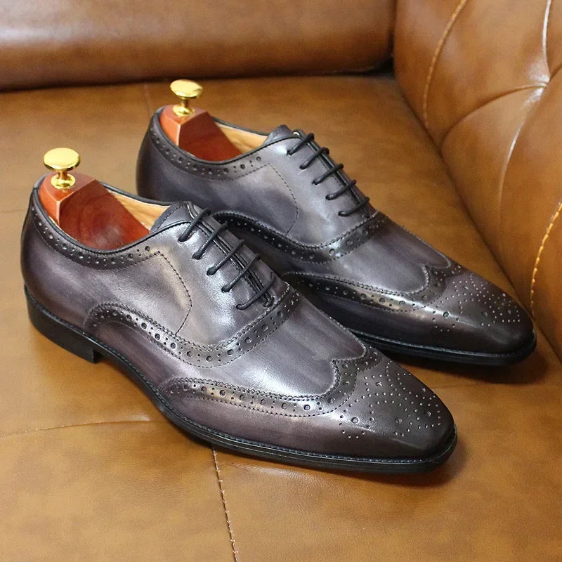 Noble Purple Handmade Mens Brogue Carved Leather Shoes Genuine Leather Men's Dress Shoes Classic Business Formal Shoes for Men