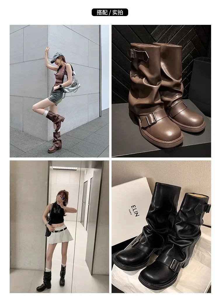 Pleated Buckle Knight Boots for Women Autumn Brown PU Leather Mid Calf Boots Woman Slip-On Thick Heel Riding 2024