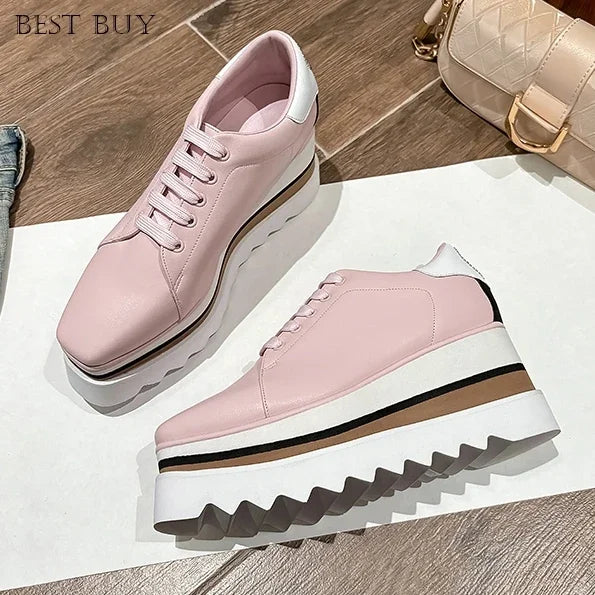 New beige Women Platform Casual Shoes 2024 Spring Black Casual Chunky Sneakers Women Real Leather White Height Increasing Shoes