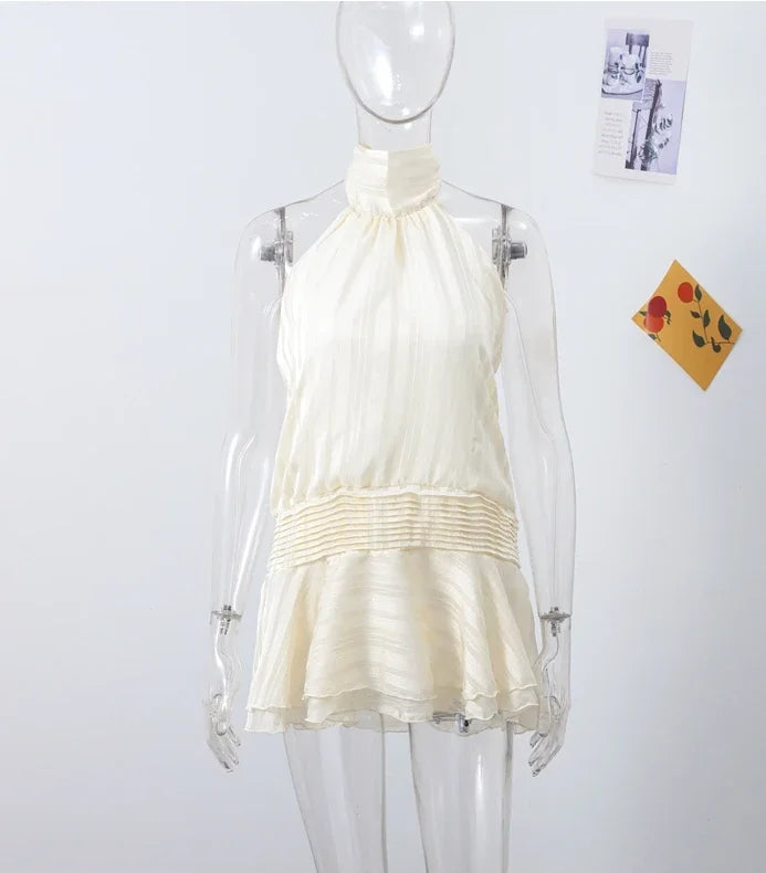 Stunning Shiny Ruffles Lace Up Mini Dress Women's Chic Loose Hollow Out A-line Pleated Vestidos 2026 New Lady Summer Party Gowns