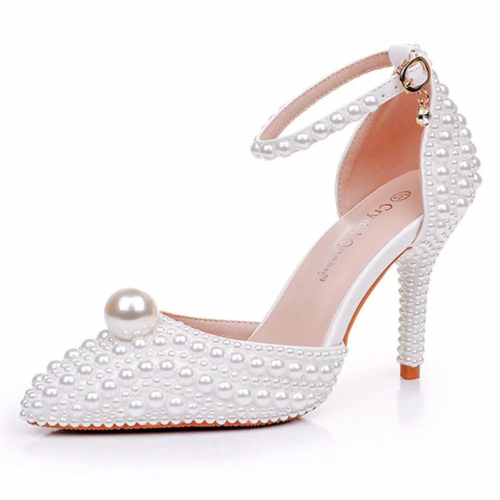 2025 New Large Pointed Womens Sandals Slim Heels Wedding Dress Beige Pearl Wedding Shoes Sandals Bridal High Heels Wedding Shoes