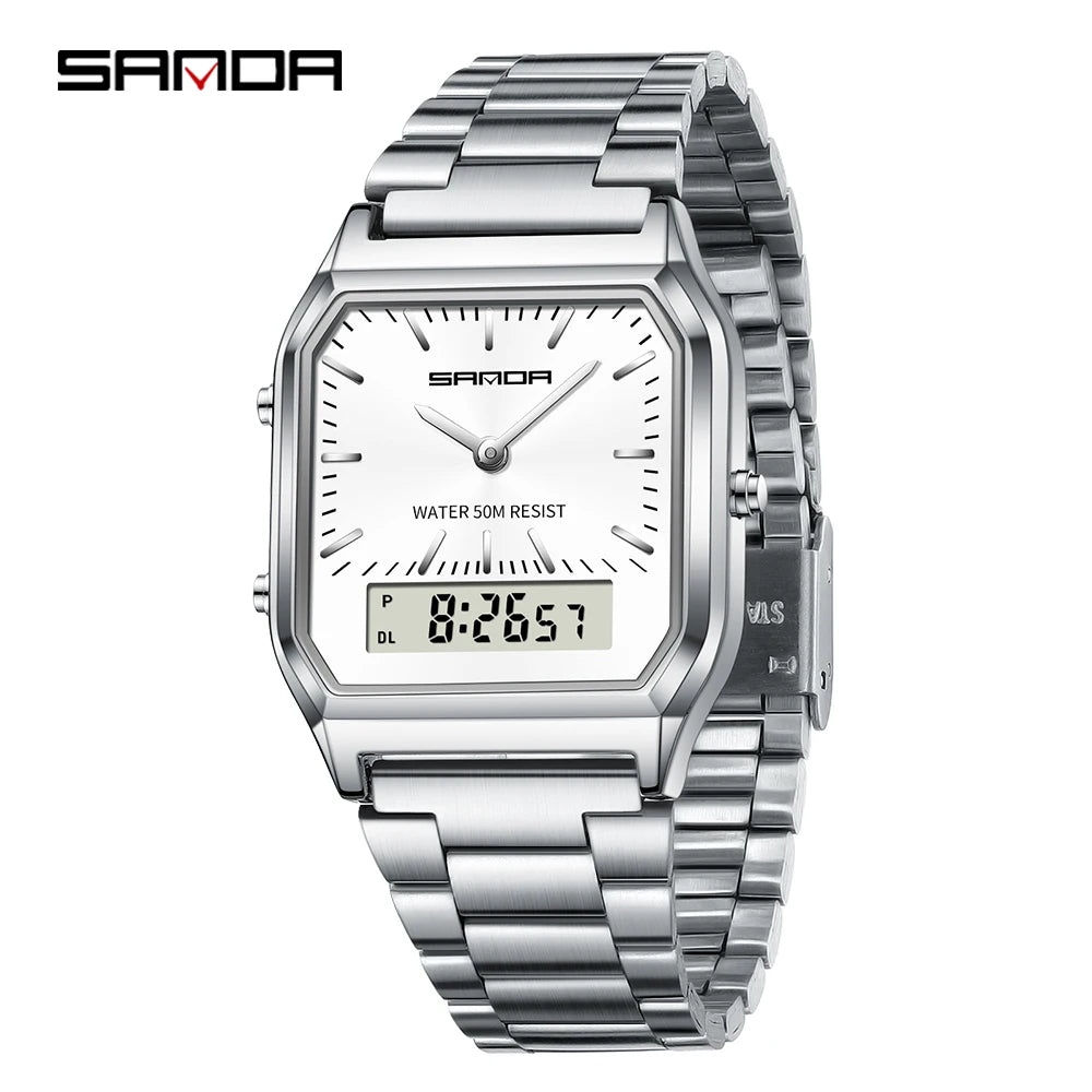 SANDA Men's and Women Watch Fashion Watches Business Style Alarm Clock Man Digital Wristwatch Square Dial Stainless Steel Strap