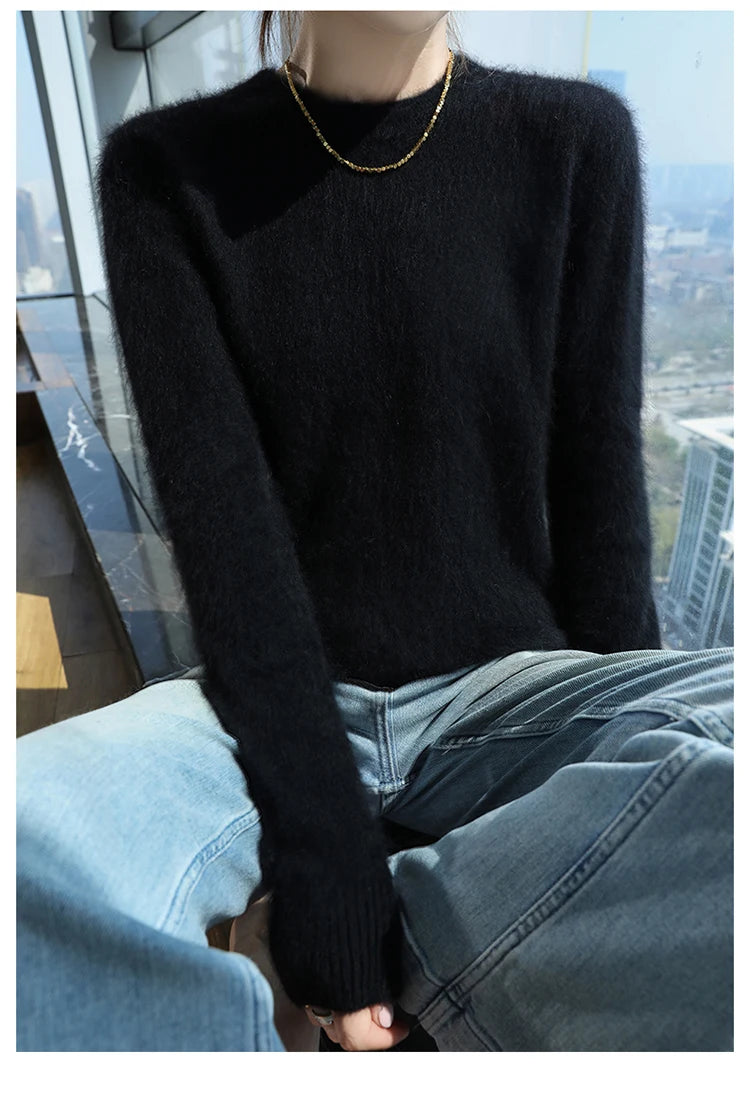 Autumn and winter women's semi high neck pullover sweater solid color knitted slim fit women's 100 mink cashmere sweater new sty