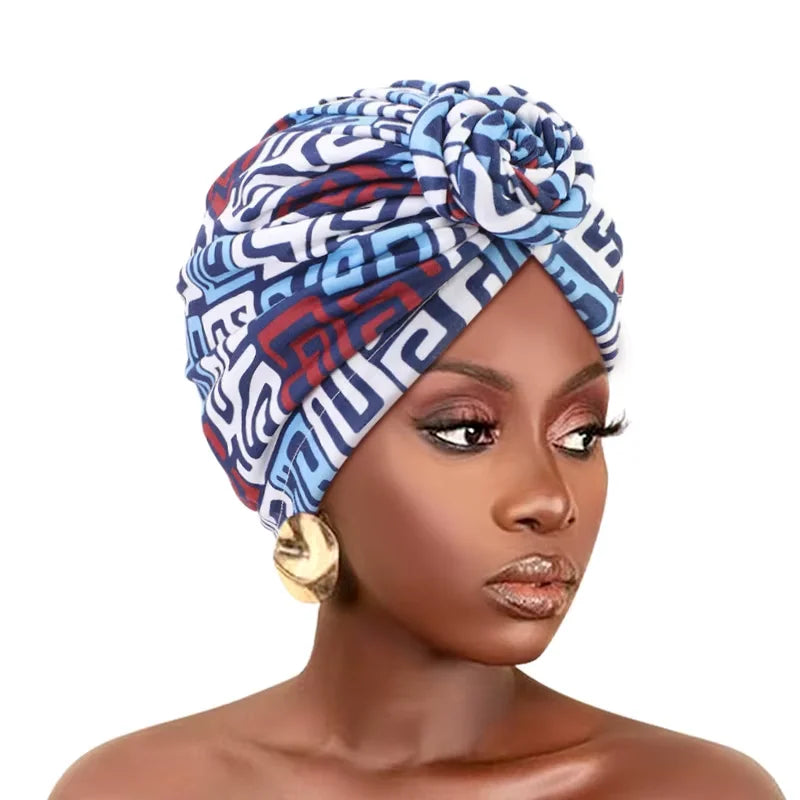New African Knot turban Trend Floral Beanie Pre Tied Front Knot Elastic Head Wrap Elegant Women Chemo Cap Bandana Headwear