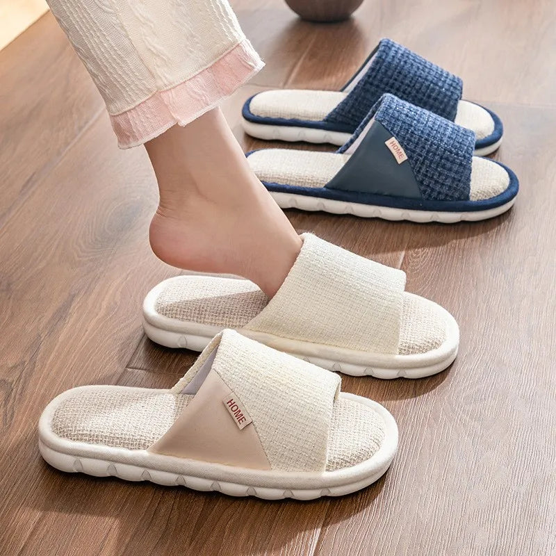 Couples Home Linen Slippers Women Indoor Soft Comfortable Bedroom Slides Men Leisure Non Slip House Shoes Platform Cotton Flats