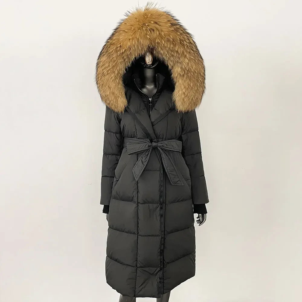 Down Jacket Women Winter Real Natural Fox Fur Hooded Detachable Collar Belt White Goose Down Coat Long Casual Elegant Overwears