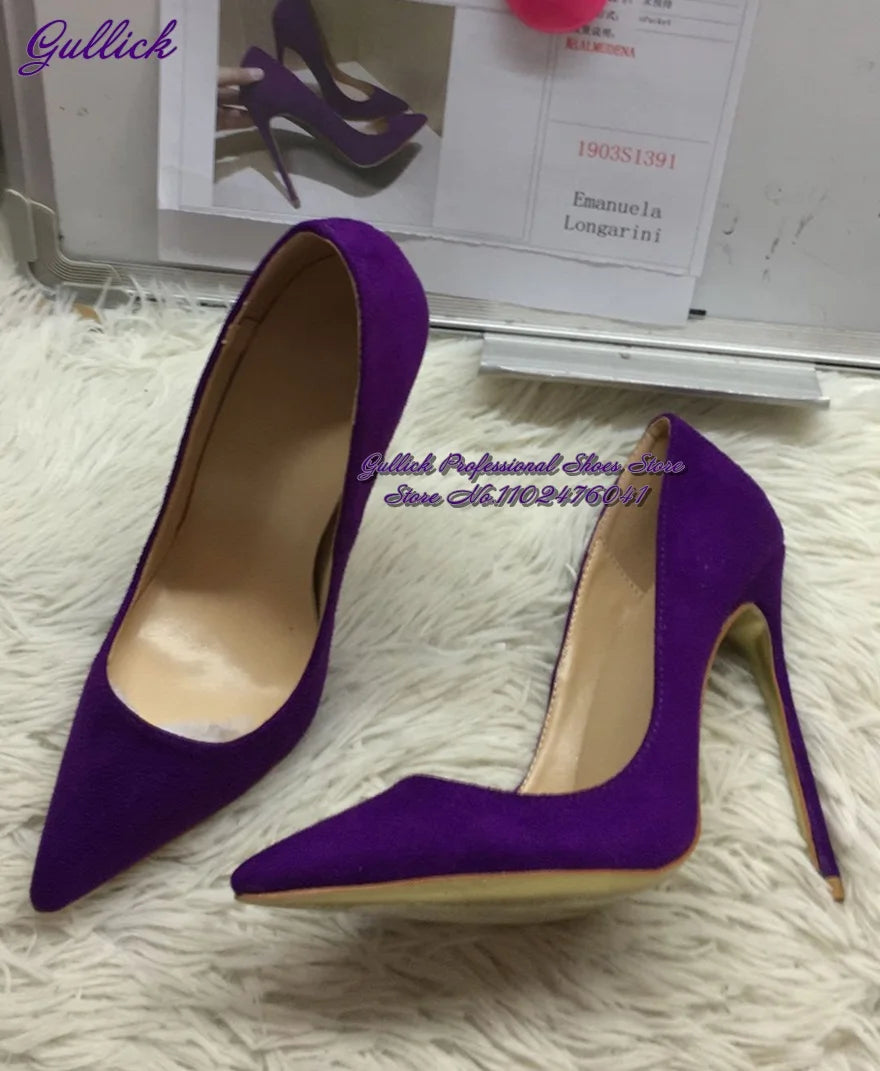 Gullick Women Hot Pink Suede High Heel Shoes 12Cm 10Cm 8Cm Stilettos Slip-On Pointed Toe Wedding Shoes Shallow Pumps Size45