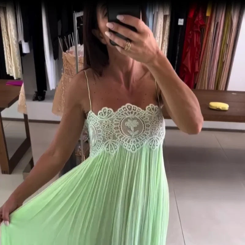 Women Lace Patchwork Pleated Slip Green Maix Dress Sexy Spaghetti Strap Sleeveless Backless 2026 Summer Vacation Beach Robe New