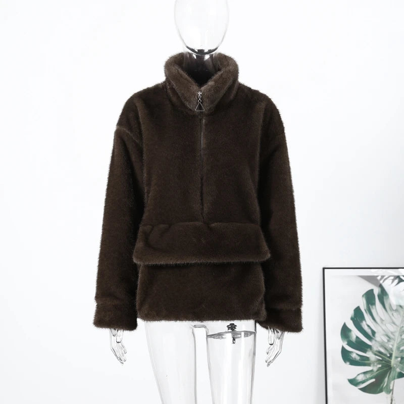 Luxury Faux Fur Hooded Pullovers Women's Loose Full Sleeve Stand Collar Pocket Coats 2025 New Autumn Winter Ladies Solid Outwear